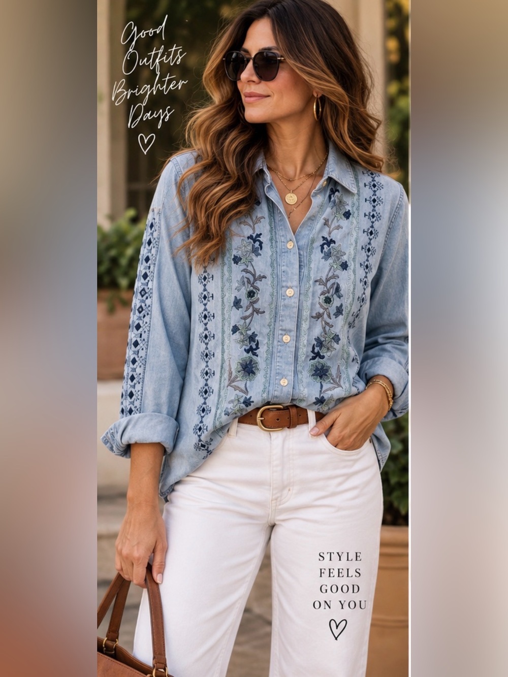 J.Jill Denim L Embroidered Chambray Shirt Blue Floral Boho